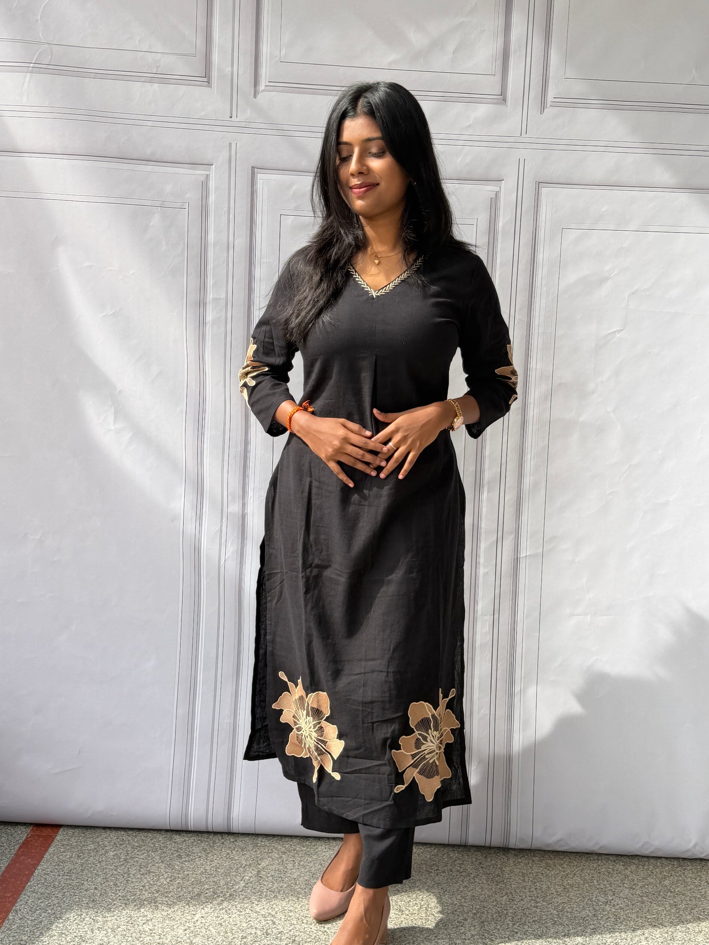 Classic Black Blossom Cotton Kurta Pant Set