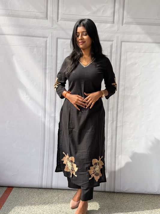 Classic Black Blossom Cotton Kurta Pant Set