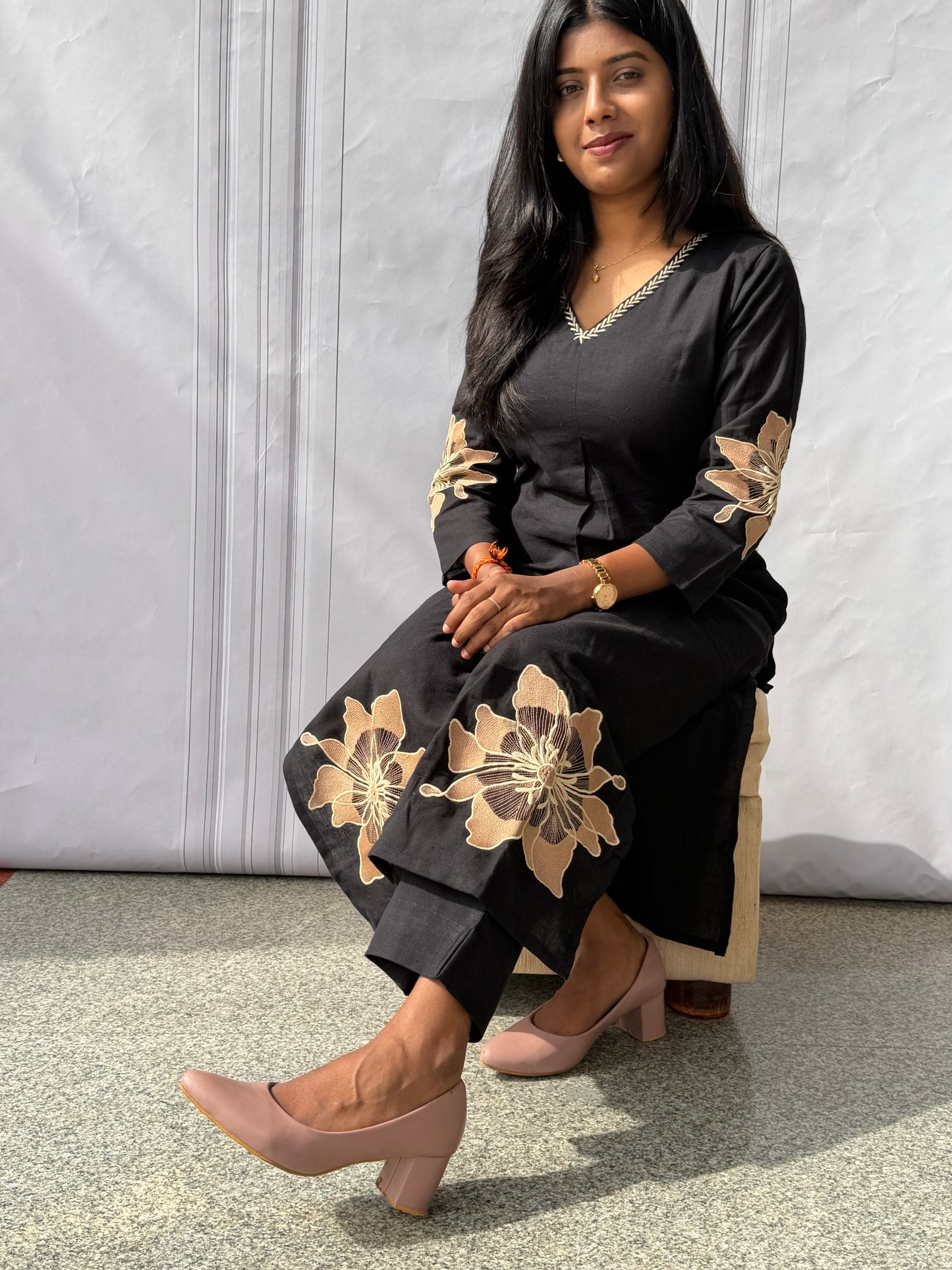 Classic Black Blossom Cotton Kurta Pant Set