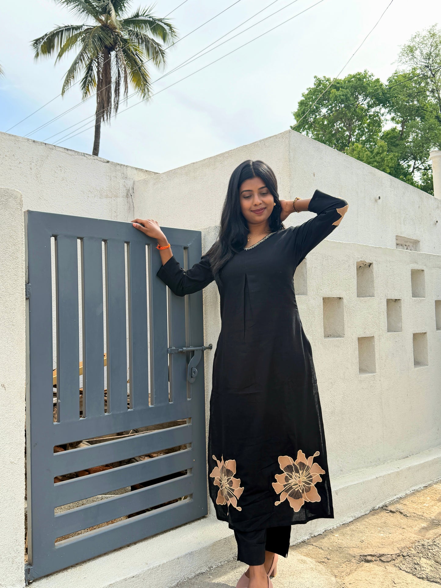Classic Black Blossom Cotton Kurta Pant Set