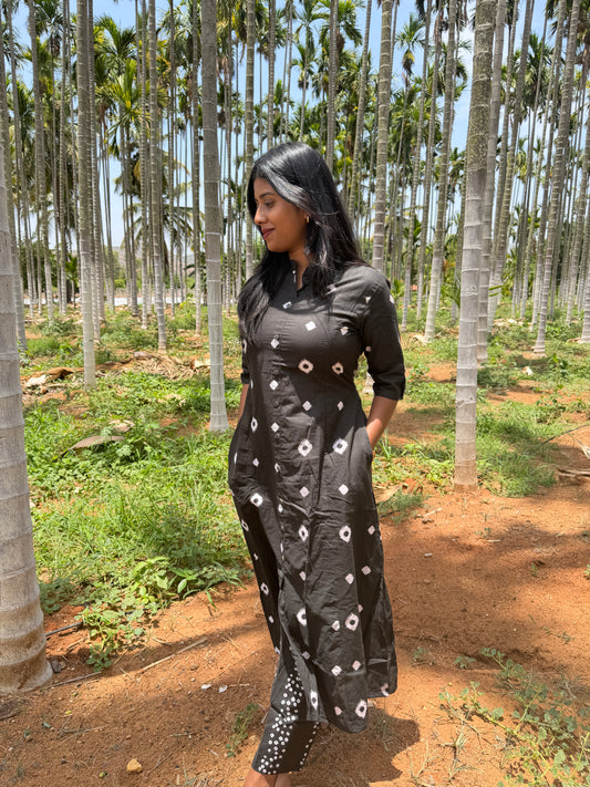 Midnight Black Ikat Cotton Kurta Pant Set