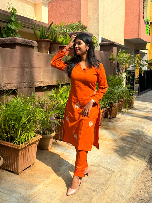 Rust Orange Cotton Kurta Pant Set with White Embroidery