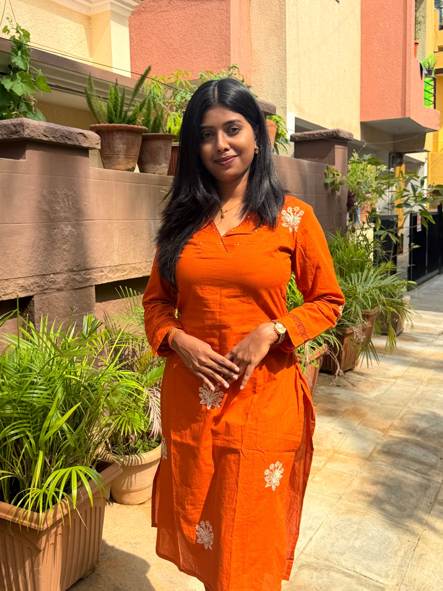 Rust Orange Cotton Kurta Pant Set with White Embroidery
