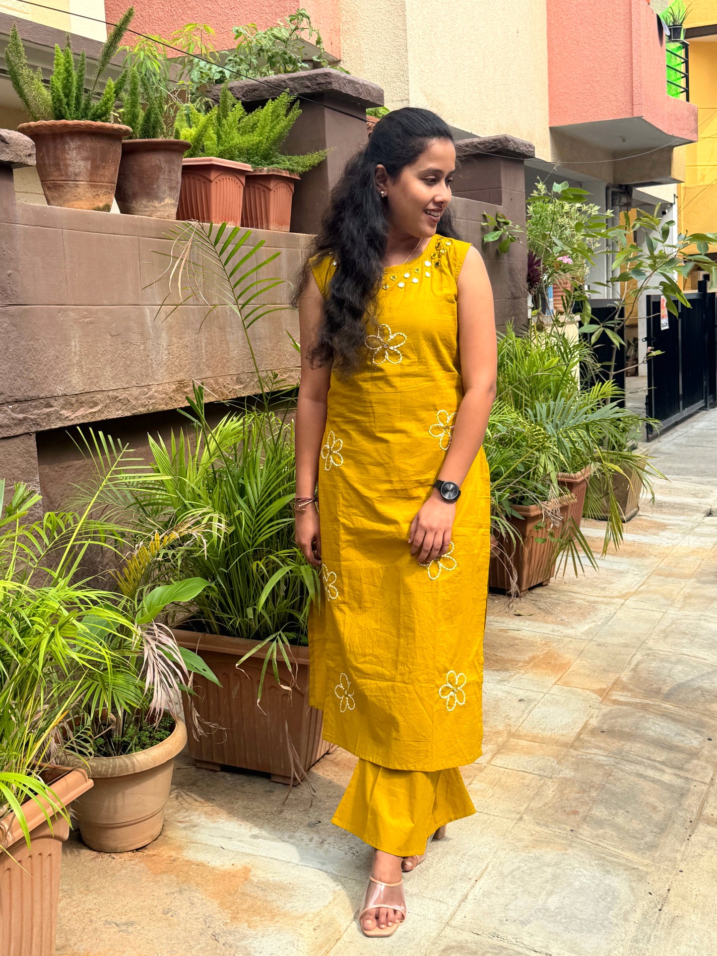 Mustard Yellow Cotton Kurta Palazzo Set