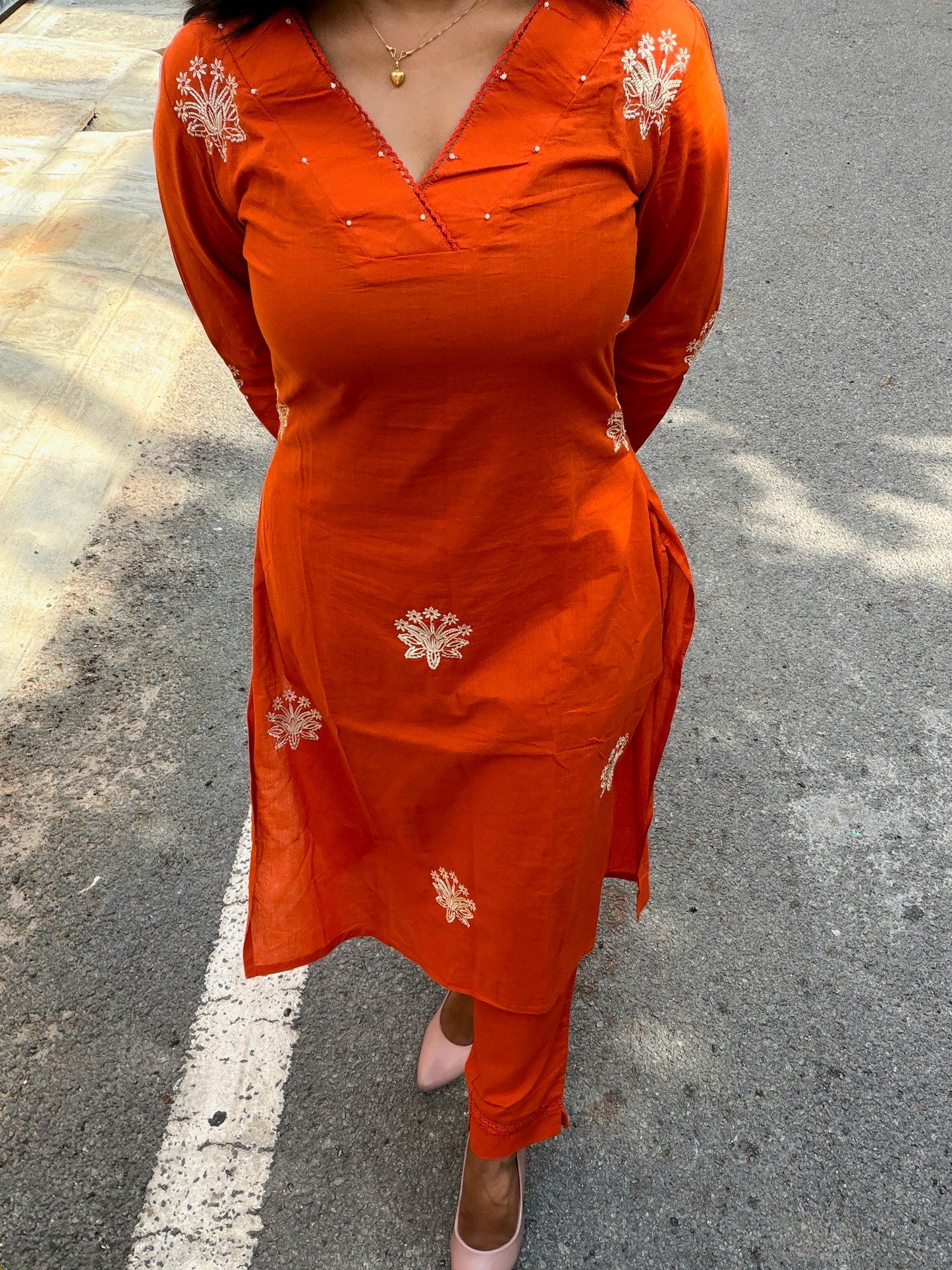 Rust Orange Cotton Kurta Pant Set with White Embroidery