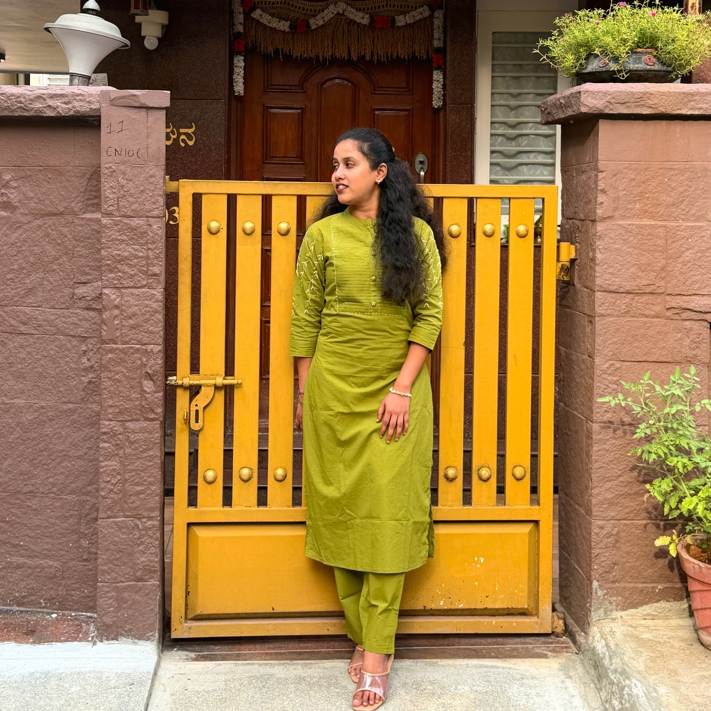 Olive Green Cotton Kurta Set with Floral Embroidery