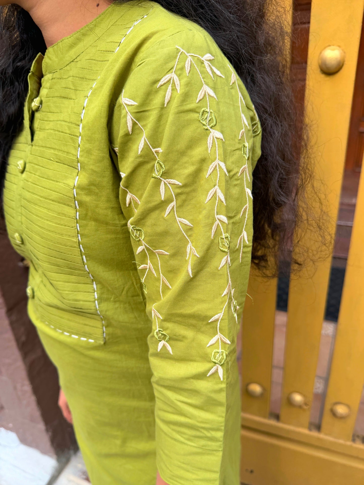 Olive Green Cotton Kurta Set with Floral Embroidery
