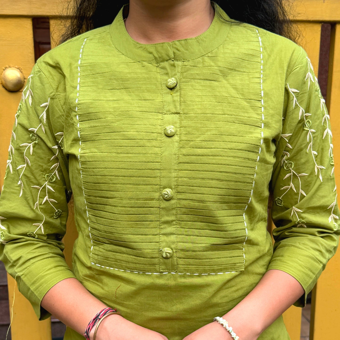 Olive Green Cotton Kurta Set with Floral Embroidery